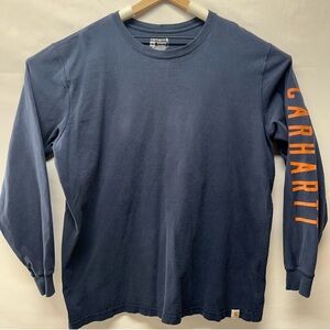 Carhartt Men's Blue Long Sleeve Tee with Orange Logo
